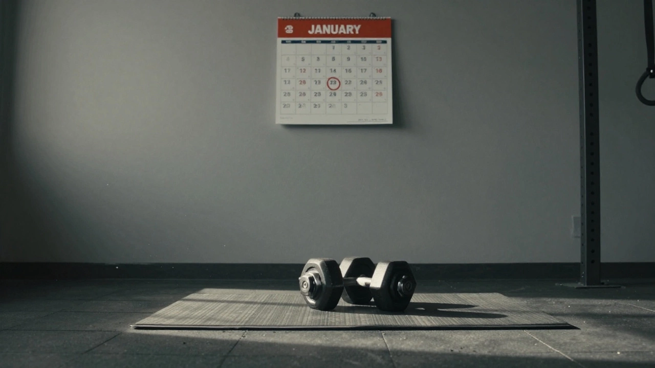An empty gym with a calendar showing January 13 circled and three checkmarks.