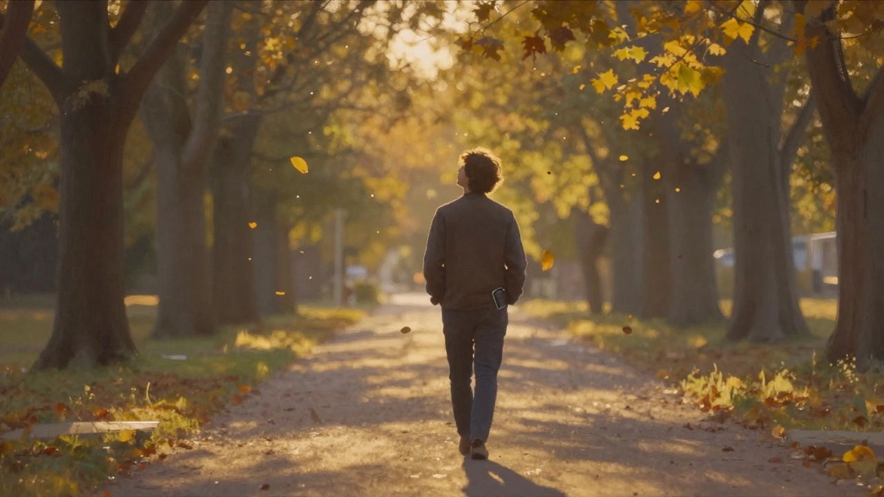 Someone walking peacefully on a path at sunset, phone tucked away, leaves falling around them.